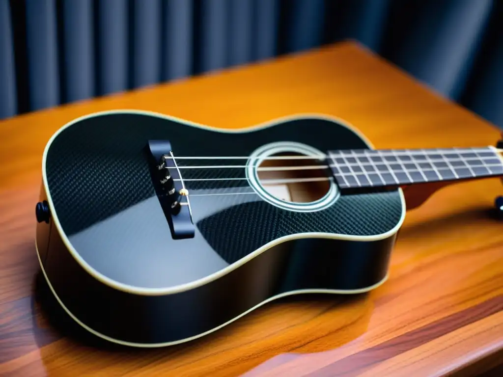 Detalle de un ukelele de fibra de carbono sobre una superficie de madera, destacando su diseño moderno y elegante