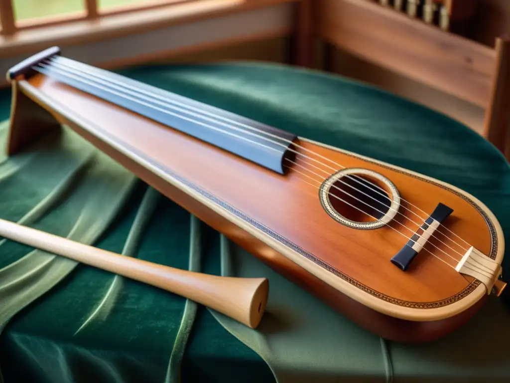 Detalle del kantele finlandés, resaltando la riqueza tonal y la artesanía delicada en madera