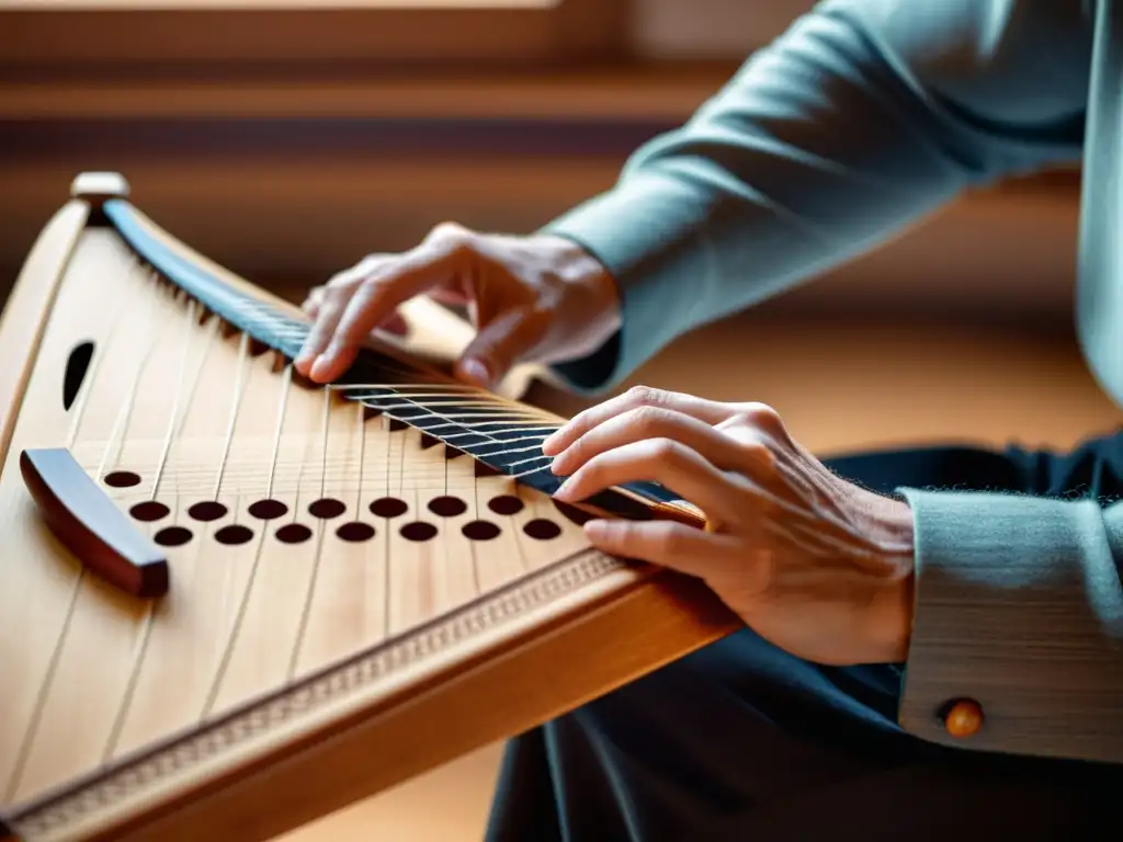 Detalle del kantele finlandés, riqueza tonal en madera y cuerdas, manos del músico en movimiento