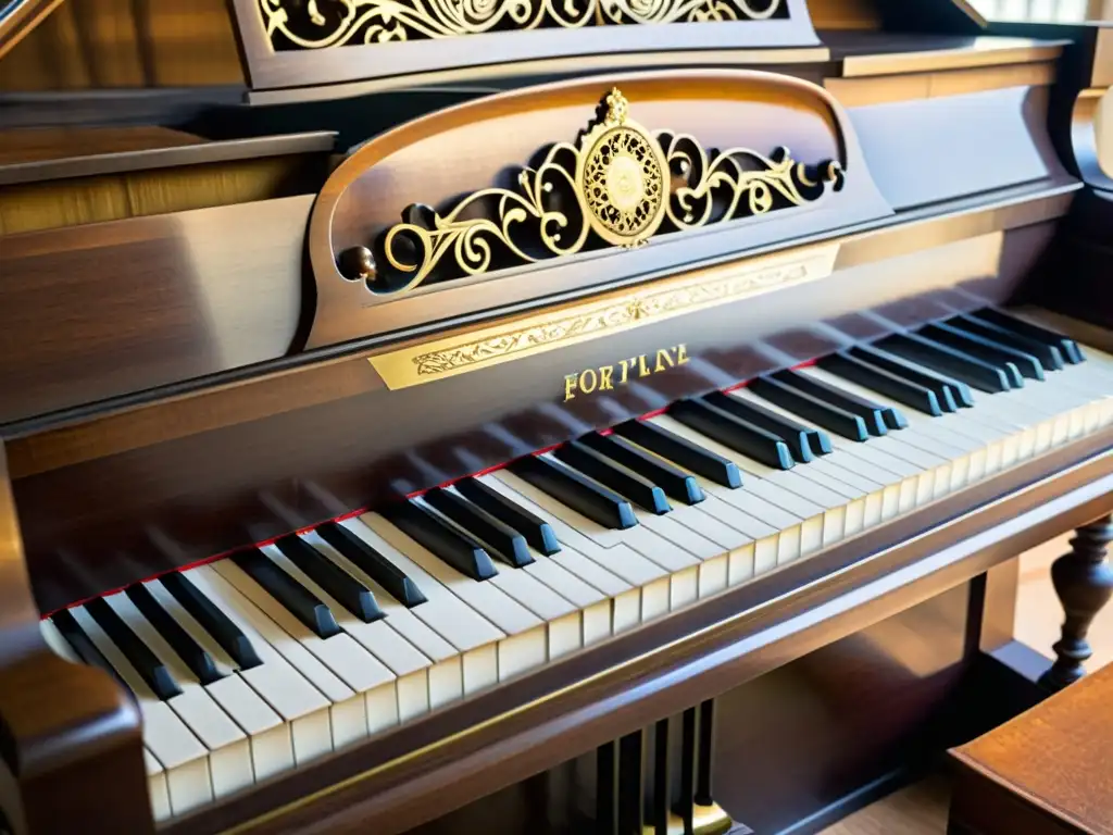 Detalle de un fortepiano histórico bellamente conservado, evocando la elegancia atemporal y artesanía