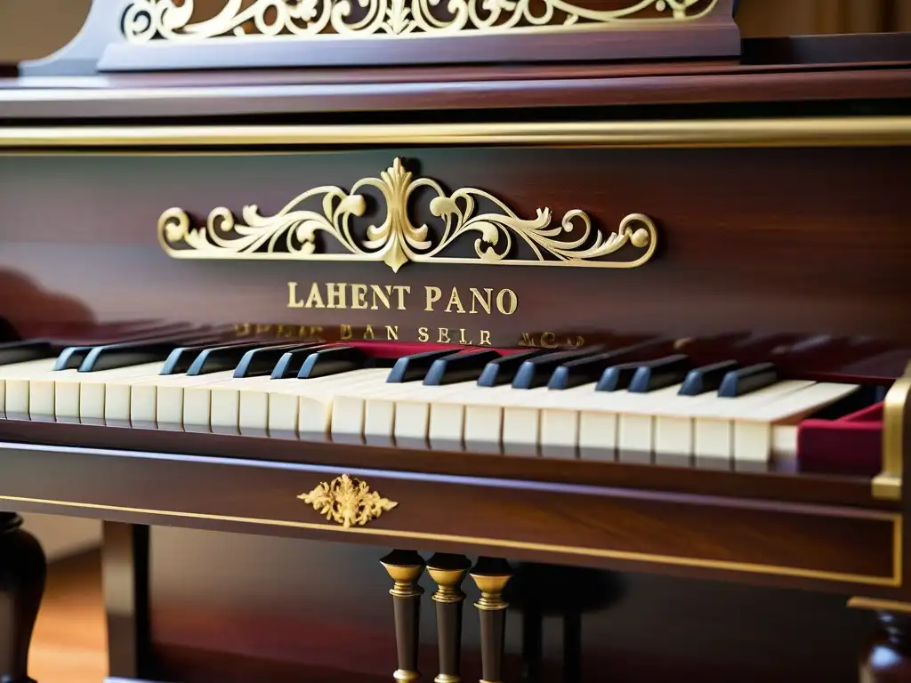 Detalle de un Fortepiano del siglo XVIII restaurado, resaltando su elegancia atemporal y la rica artesanía