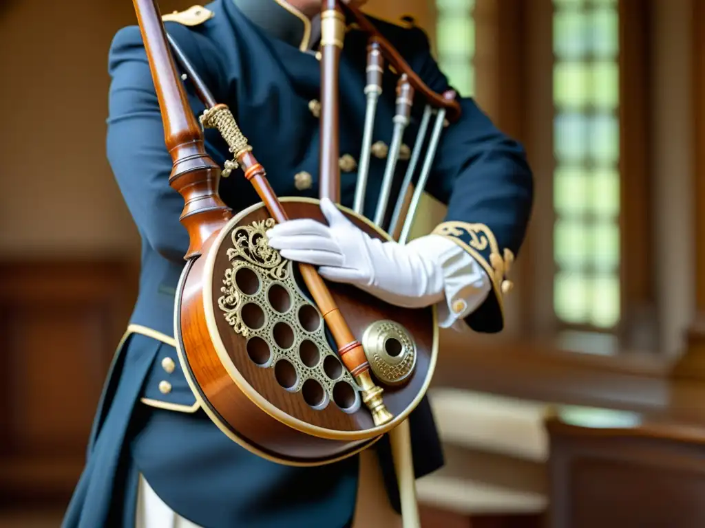 Detalle de musette barroca francesa con grabados y madera, iluminada con delicadeza, y fondo borroso de château