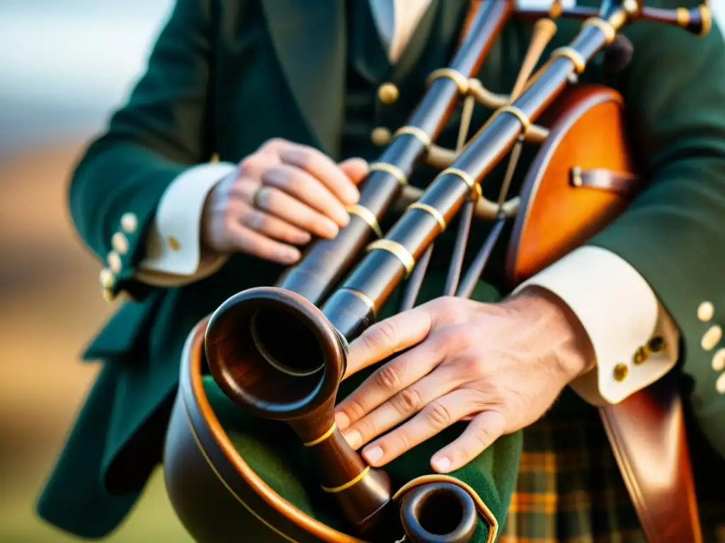 Detalle de gaita escocesa: historia y sonido en la construcción artesanal de las maderas y la piel en las Tierras Altas de Escocia