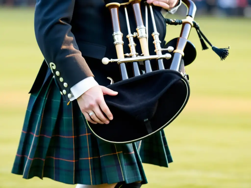 Detalle de la Gaita, instrumento tradicional escocés, con ornamentos plateados, la tela a cuadros y manos del músico hábil