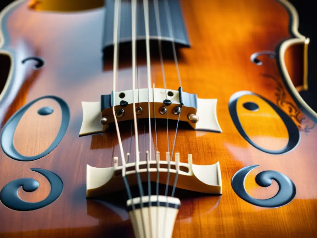 Detalle de la viola da gamba con sus cuerdas, trastes y decoraciones talladas