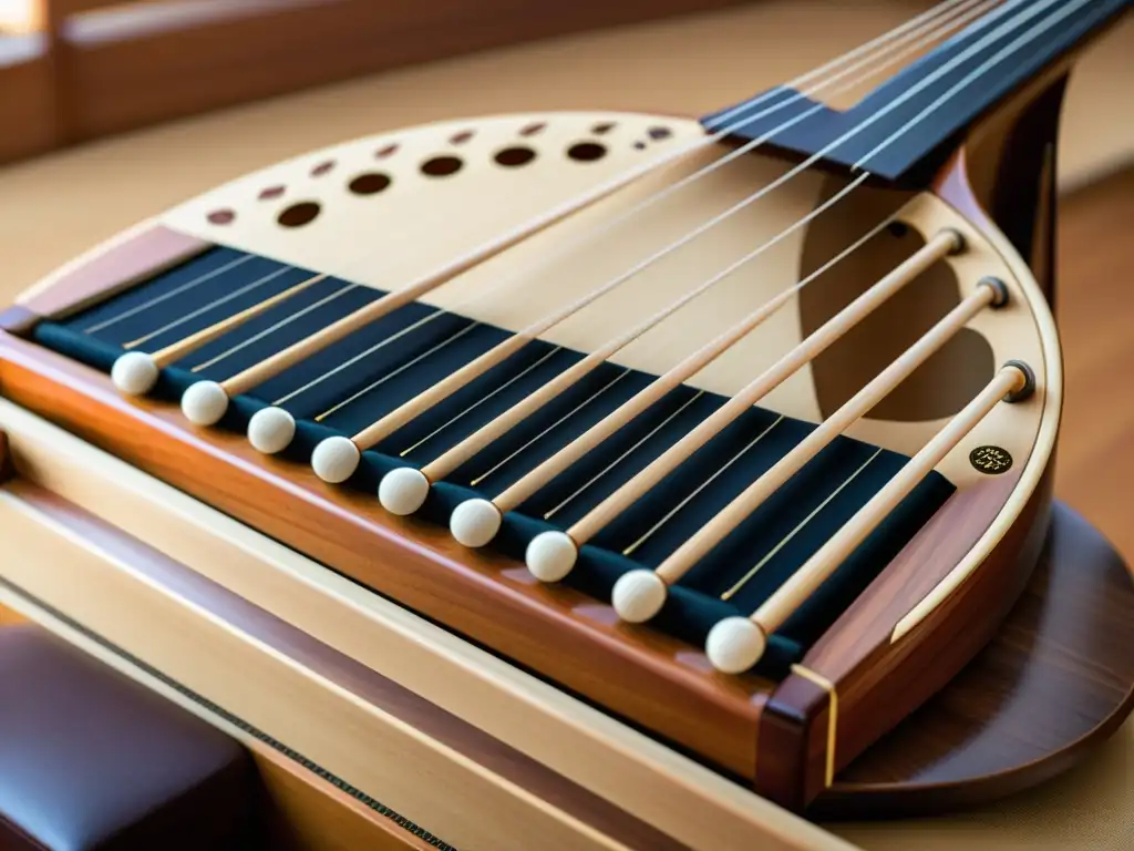 Detalle de un Gayageum coreano, muestra la elegancia y armonía de sus cuerdas y madera en una luz suave y natural