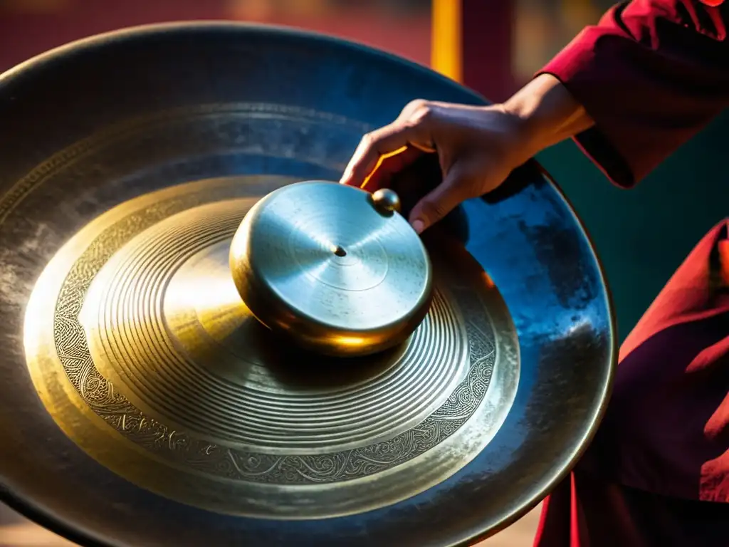 Detalle de un gong tibetano resonante, con vibraciones en el aire