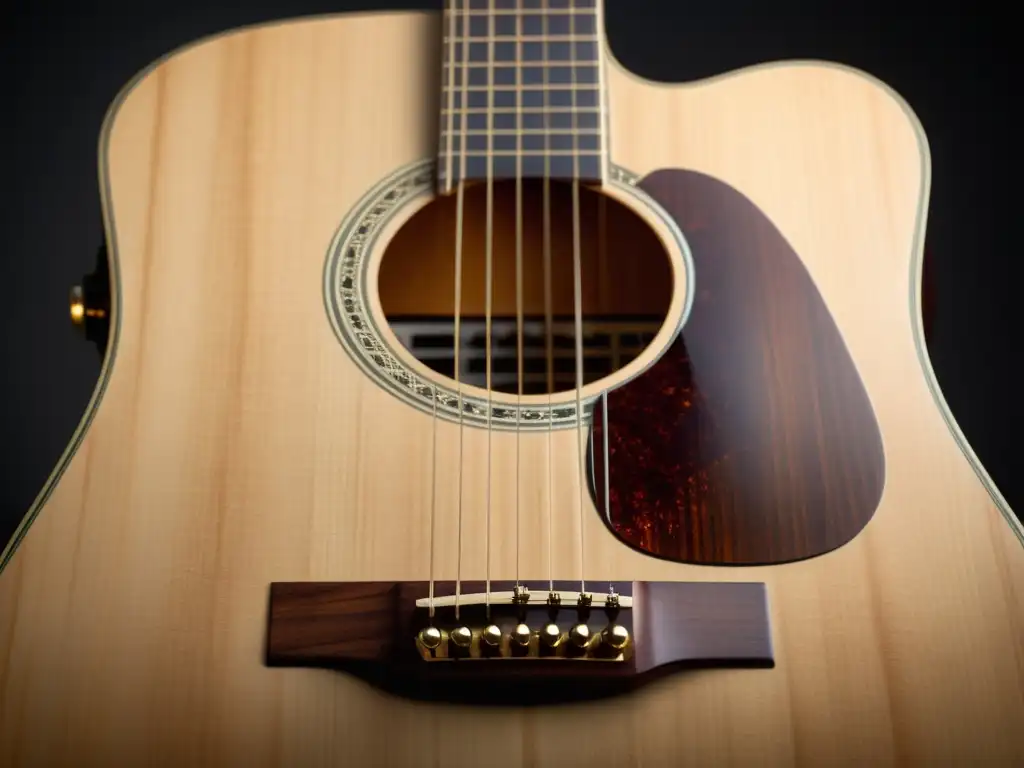 Detalle de una guitarra acústica de madera con efecto de temperatura y humedad, resaltando la artesanía y los detalles del instrumento