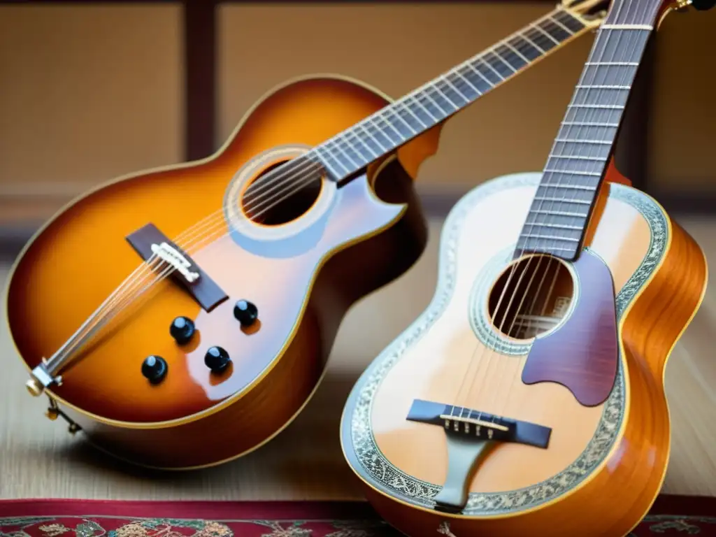 Detalle de sitar y guitarra acústica en mesa de madera, resaltando la fusión de culturas musicales