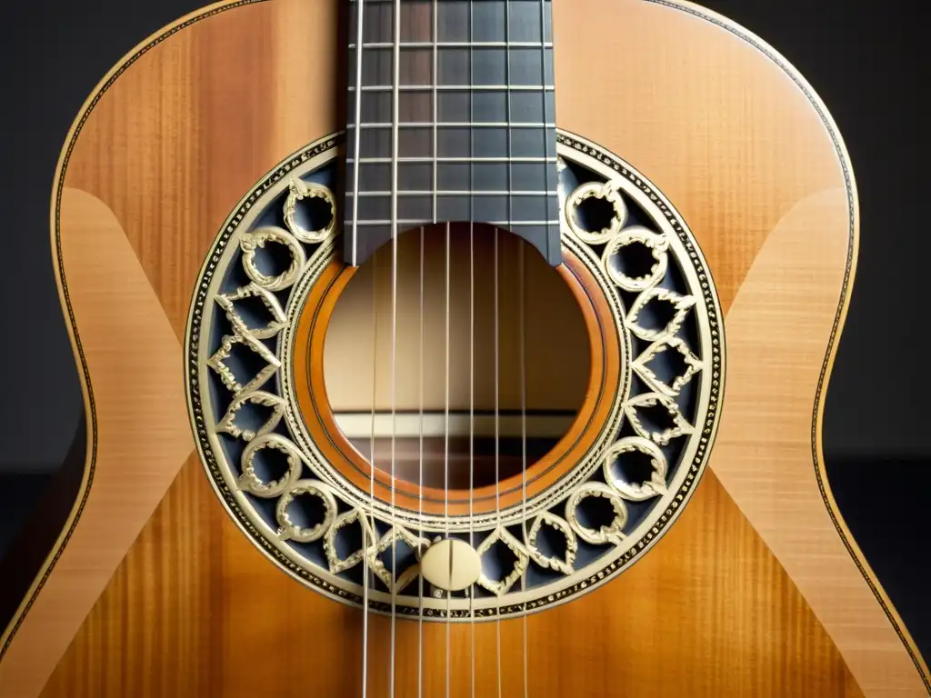 Detalle de una guitarra barroca: historia y artesanía en madera, cuerdas y roseta