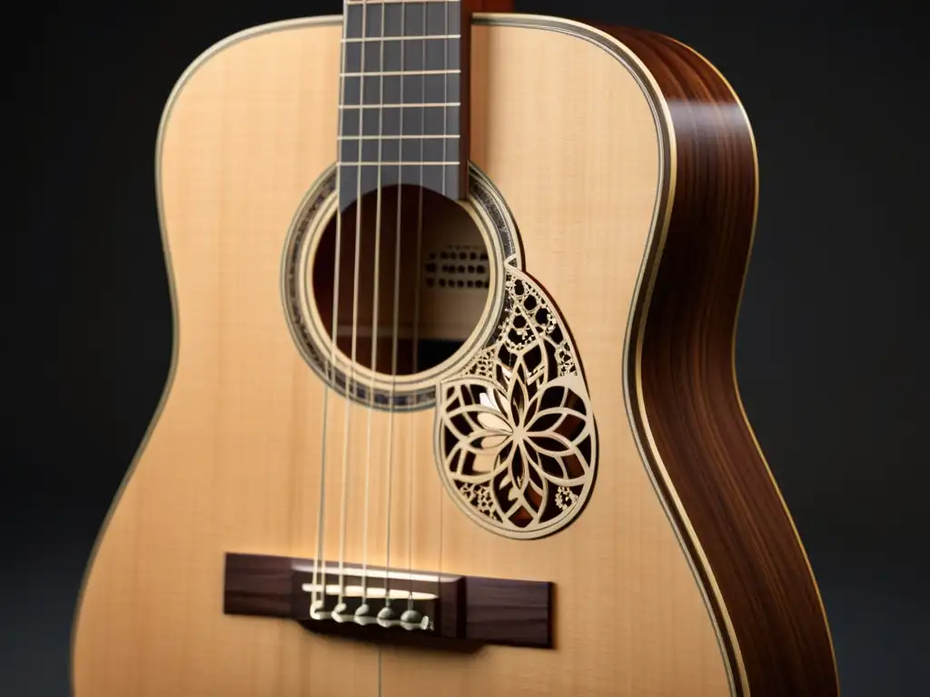 Detalle en 3D de una guitarra clásica, destacando la artesanía y el diseño acústico