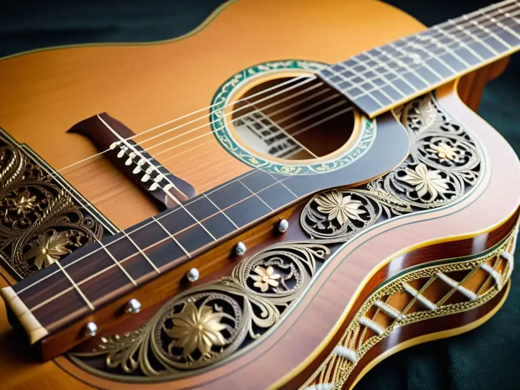 Detalle de una guitarra de siete cuerdas, símbolo del choro brasileño, con madera oscura, incrustaciones y desgaste por el uso