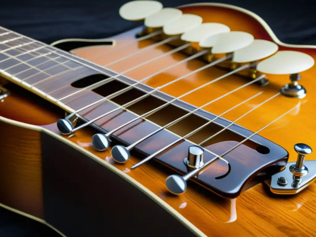 Detalle de una guitarra de 12 cuerdas vintage, transmitiendo la influencia de la guitarra de 12 cuerdas en la música del siglo XX