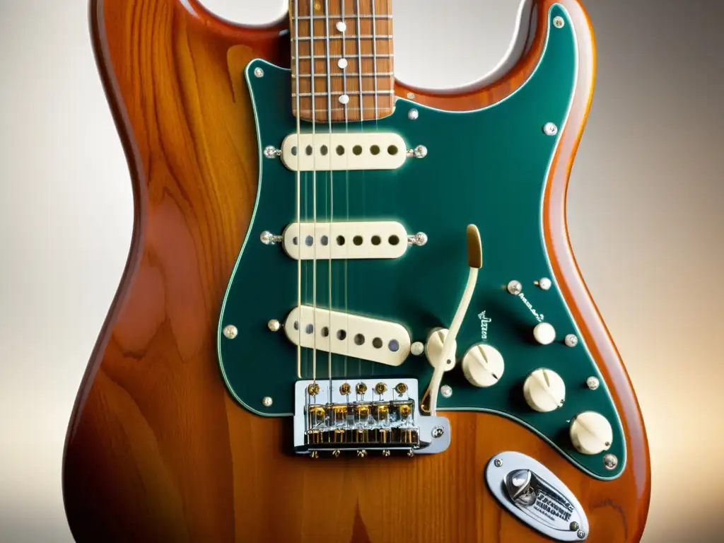 Detalle de una guitarra eléctrica Fender Stratocaster vintage, mostrando la veta de la madera, el desgaste del diapasón y los detalles sutiles del golpeador y las pastillas