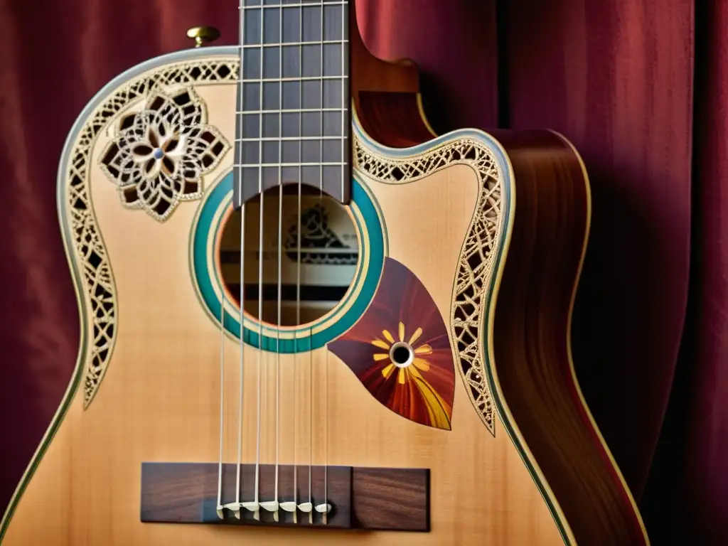 Detalle de una guitarra flamenca de madera envejecida, resaltando la artesanía y el alma del instrumento