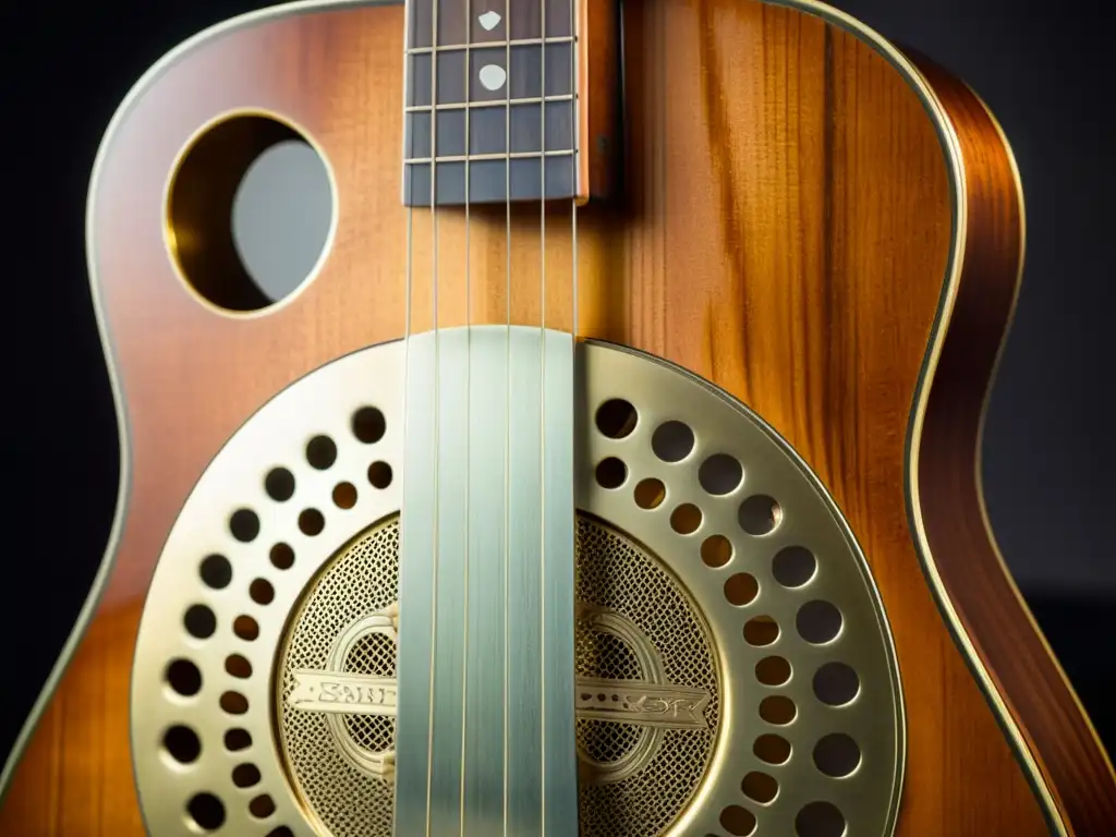 Detalle de una guitarra de resonador vintage con patina en latón, cuerdas tensas y madera envejecida