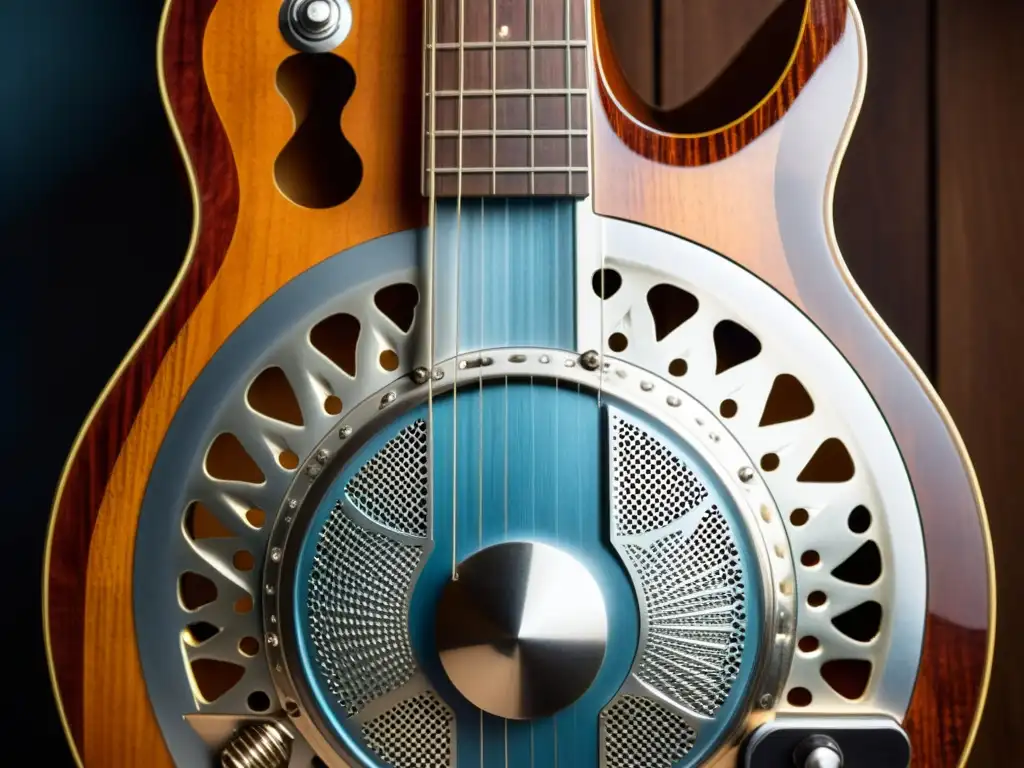 Detalle de una guitarra de resonancia vintage, evocando historia y artesanía en el Blues acústico