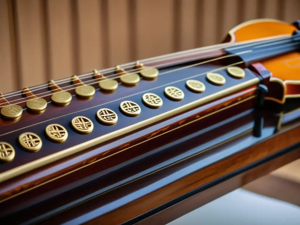 Detalle de un guqin chino, mostrando la artesanía en la madera, las cuerdas brillantes y la historia antigua en sus detalles de construcción