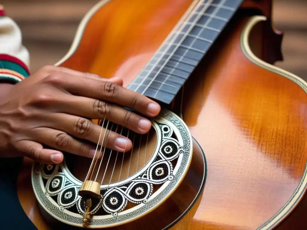 Detalle de las hábiles manos de un músico tocando un ronroco, con patrones andinos, desgaste y luz cálida