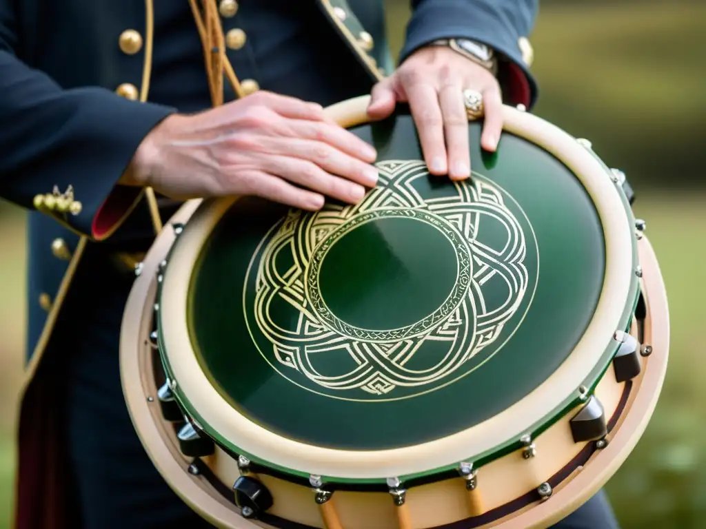 Manos de percusionista experto tocando un bodhrán con diseños celtas Detalle de las hábiles manos de un percusionista tocando un bodhrán, destacando la historia y construcción del bodhrán