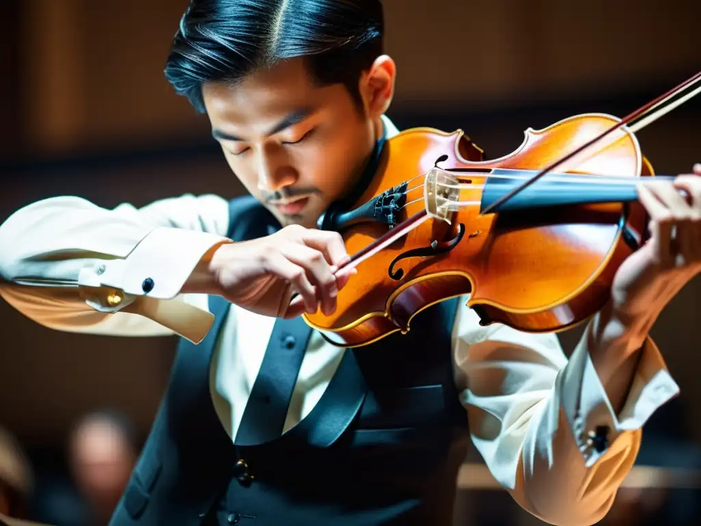 Detalle de las hábiles manos de un violinista, mostrando técnicas de violín improvisado con pasión y precisión