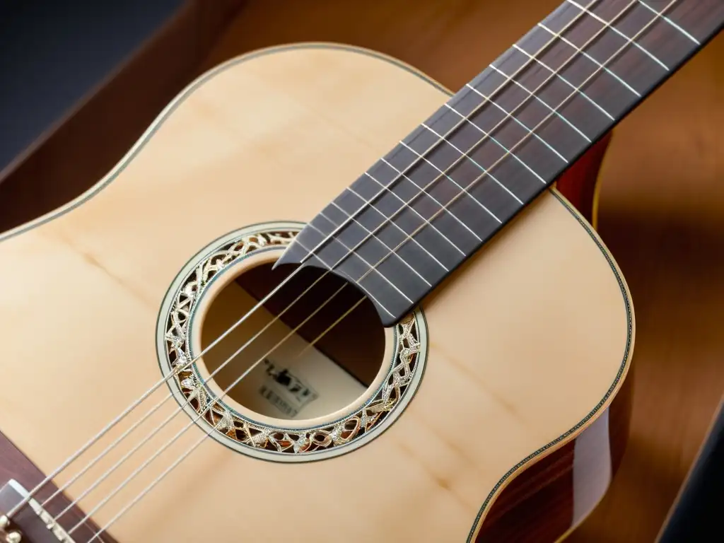 Detalle de una hermosa guitarra clásica de la Era del Romanticismo, con incrustaciones de nácar y una pátina cálida