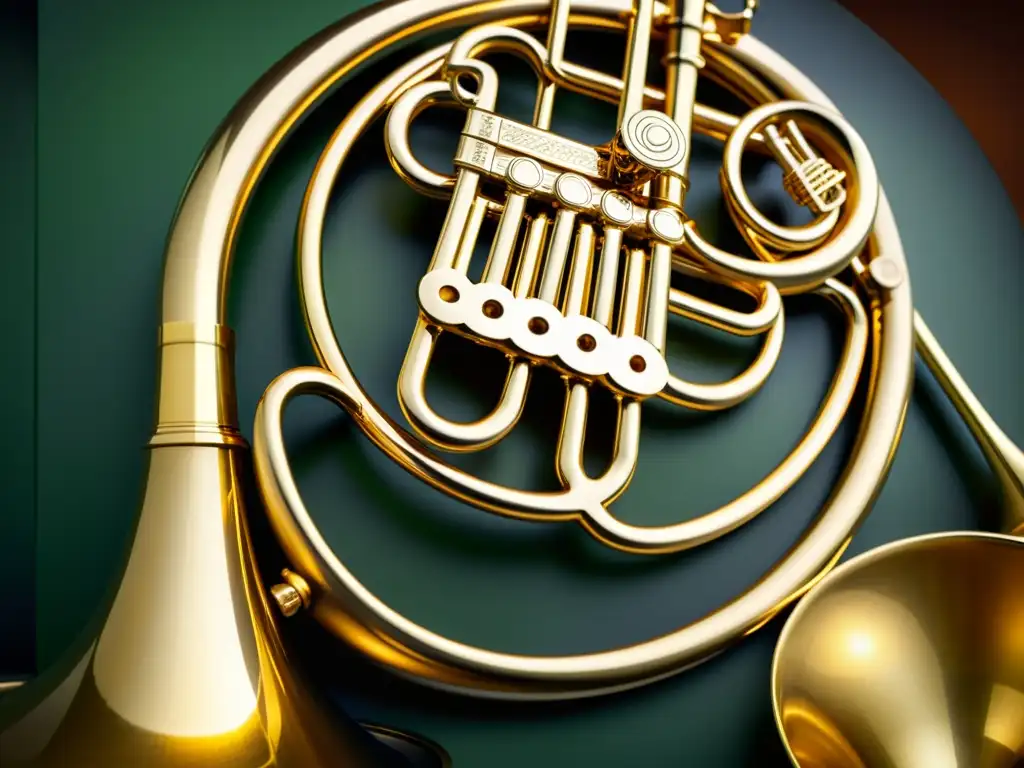 Detalle de un hermoso cuerno francés concierto, con grabados intrincados y curvas delicadas