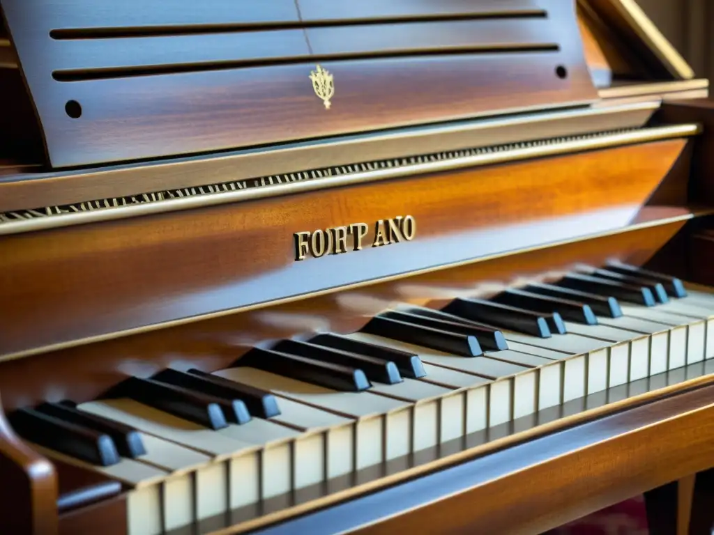 Detalle de un hermoso fortepiano antiguo, con madera intrincada, teclas desgastadas y cuerdas delicadas, evocando historia y artesanía