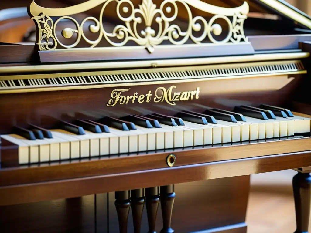 Detalle de un hermoso fortepiano de la era de Mozart, resaltando su belleza atemporal e invitando a explorar los orígenes del Fortepiano de Mozart