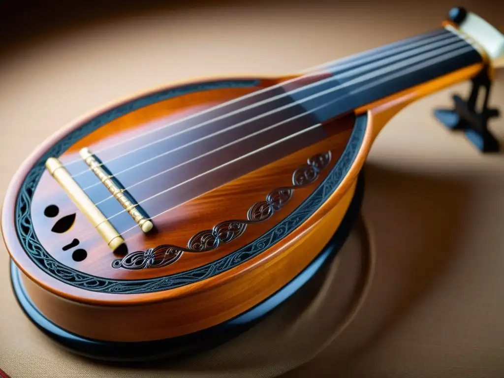 Detalle de un hermoso Guqin tradicional, reflejando la filosofía y música del Guqin con sus intrincados detalles y elegante artesanía