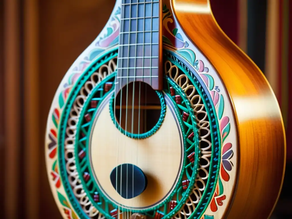 Detalle del hermoso salterio mexicano, con sus intricados detalles de madera y cuerdas, resaltado por la luz natural