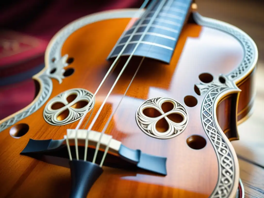 Detalle de un hermoso Hardanger fiddle, con tallados intrincados y sonido histórico, iluminado en un estudio de música acogedor