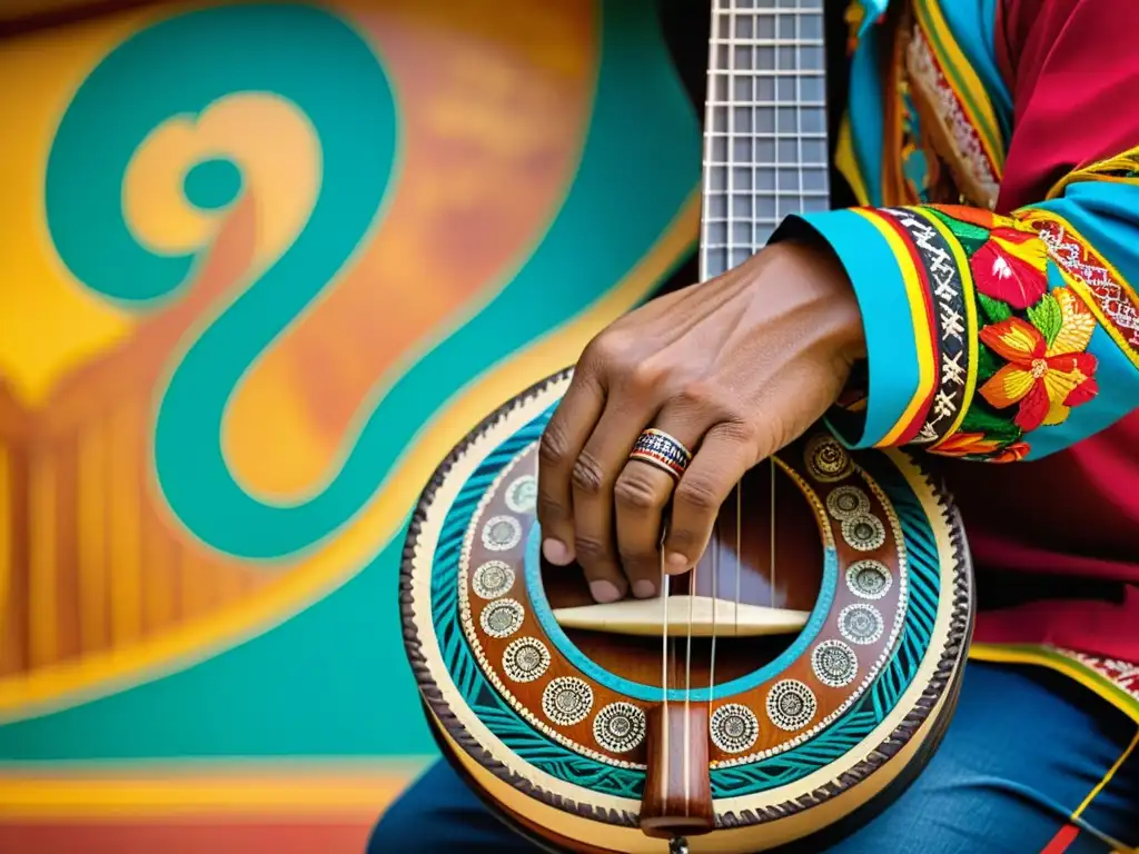 Detalle del hermoso tiple colombiano, rodeado de arte folclórico, que captura la esencia de la historia y el folklore colombiano