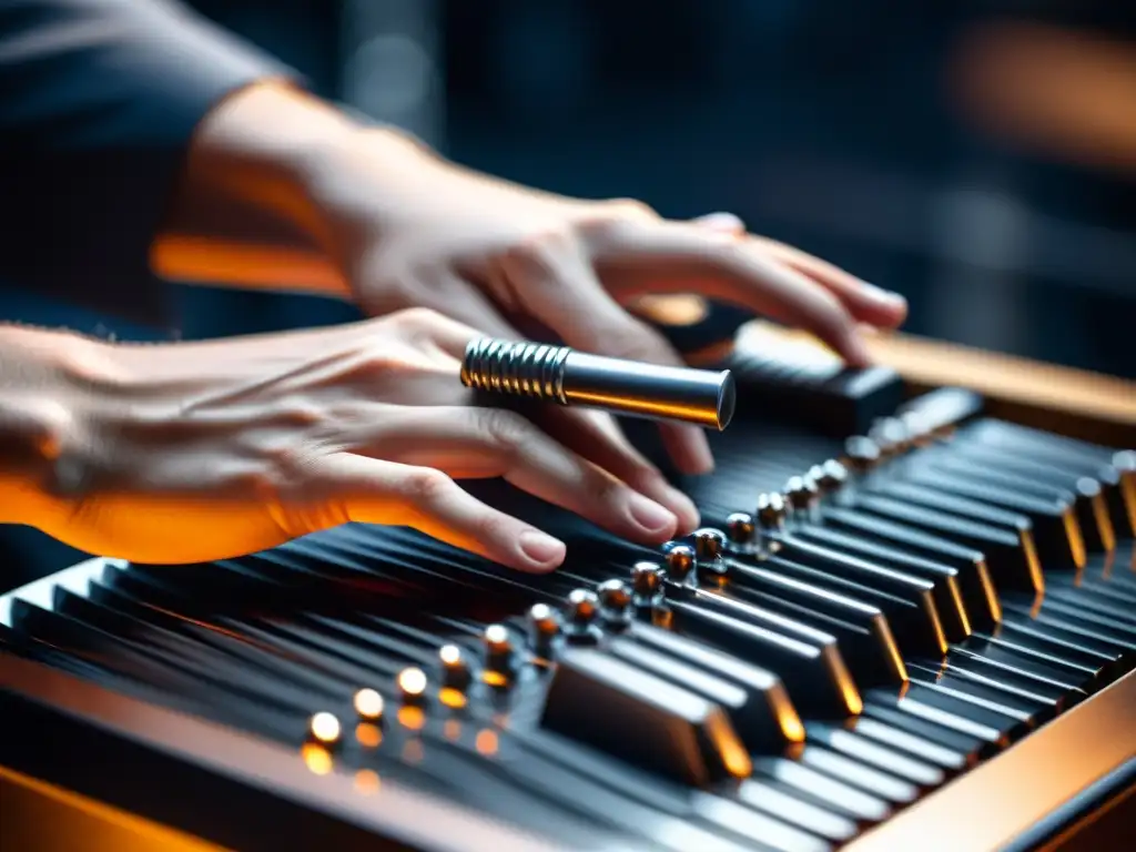 Detalle de músico tocando el Hang con maestría, evocando la historia y sonido del Hang en una atmósfera tranquila y envolvente