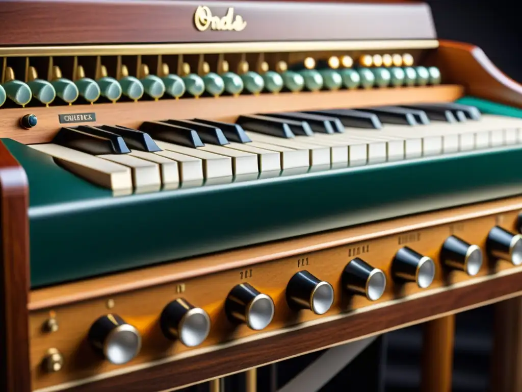 Detalle en 8k del Ondes Martenot, fusionando historia y sonido en una imagen que resalta su importancia histórica y artesanal