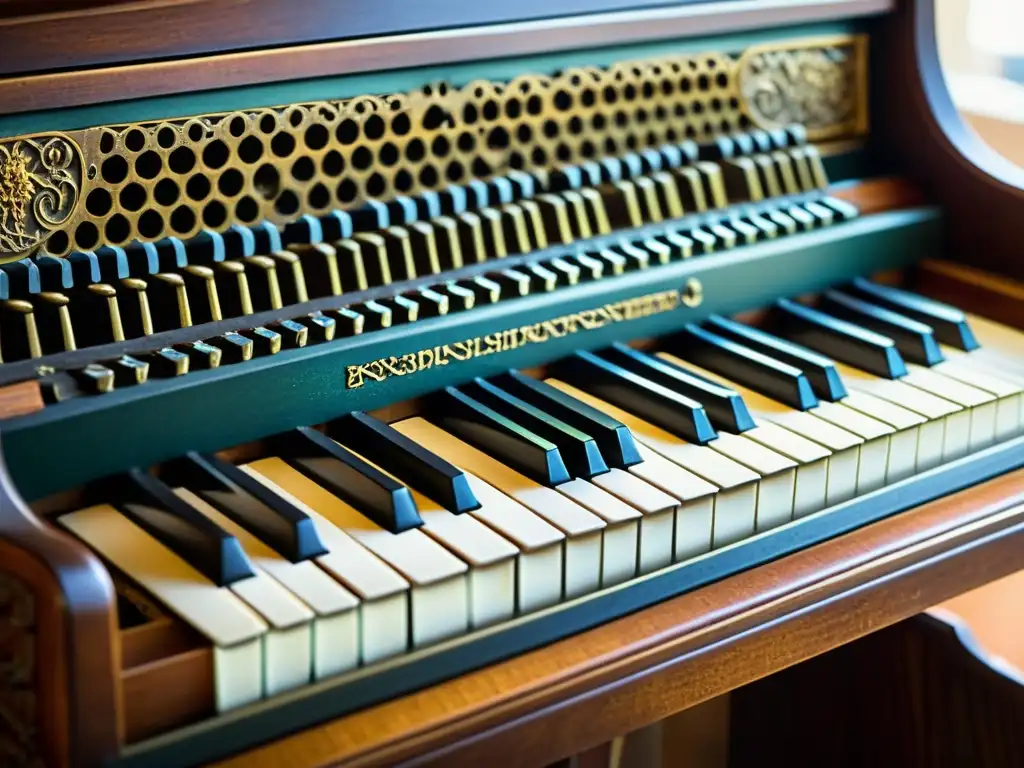 Detalle de construcción histórica del teclado, resaltando la artesanía, mecanismos y pátina envejecida