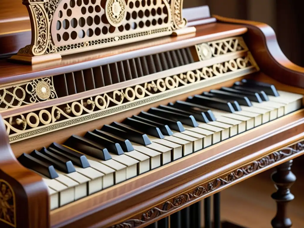 Detalle en 8k de un histórico órgano positivo, resaltando la artesanía y elegancia del instrumento musical con tonos cálidos y detalles ornamentales