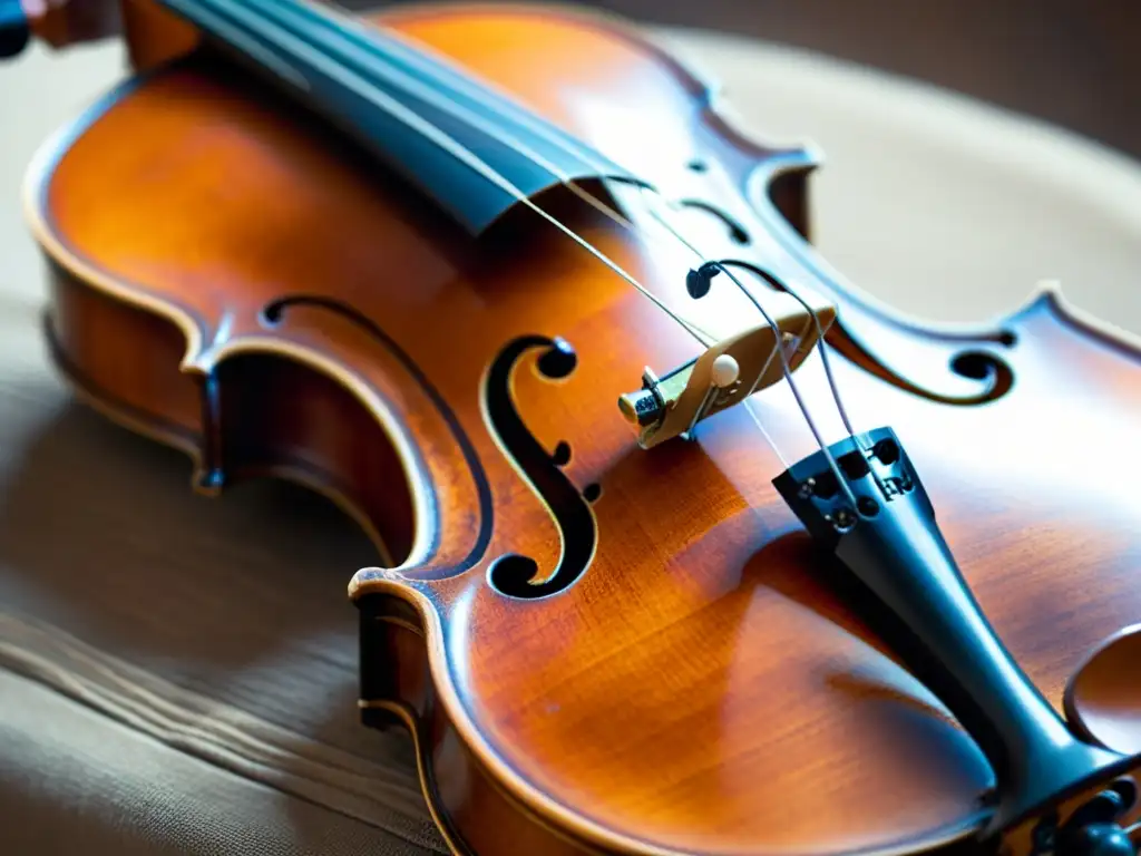 Detalle de violín histórico preservado, iluminado por luz natural