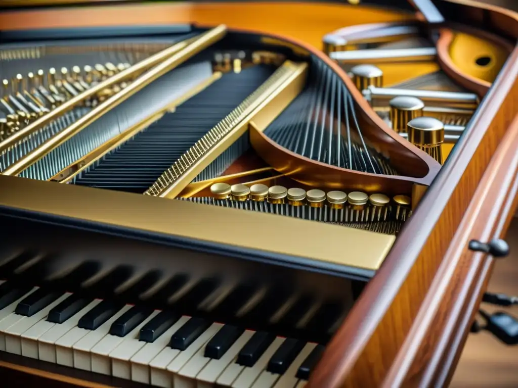 Detalle impactante del piano de cola: hammers golpeando cuerdas, red intrincada y tonos cálidos de madera