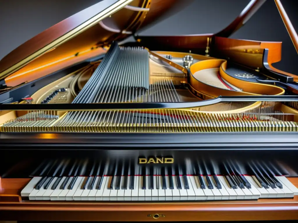 Detalle impactante del piano de cola, mostrando la complejidad y precisión de su estructura interna, reflejando su artesanía única