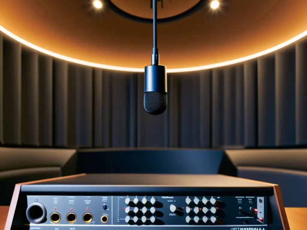 Configuración detallada de micrófono binaural para estudio Detalle impresionante de configuración estudio grabación binaural, capturando la precisión de los micrófonos y el entorno de estudio