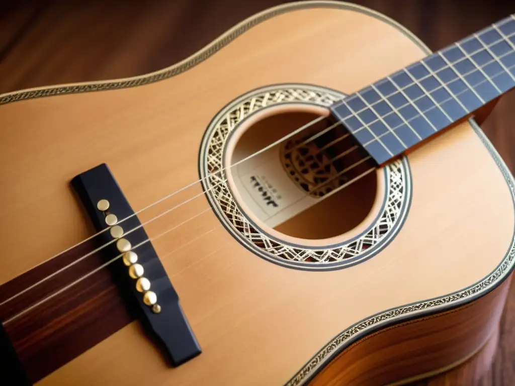 Detalle impresionante del Guitarrón Chileno bajo acústico, resaltando la artesanía y calidez de la madera