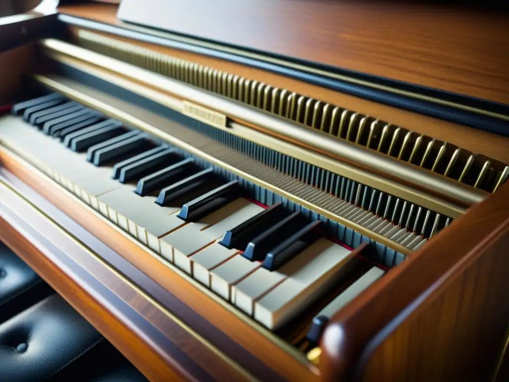 Detalle impresionante de las complejas entrañas de un piano vintage, resaltando el desarrollo histórico del piano moderno en una imagen cálida y detallada