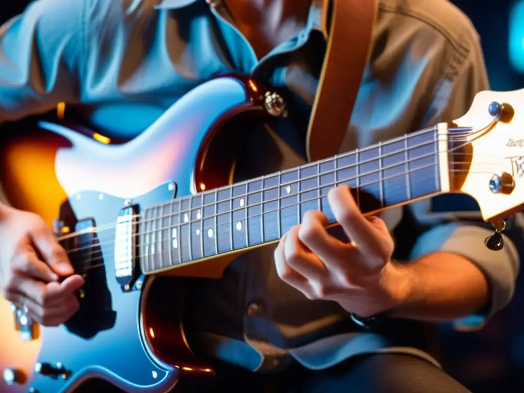 Detalle impresionante de técnica sweep picking en guitarra eléctrica, capturando la destreza y precisión del guitarrista