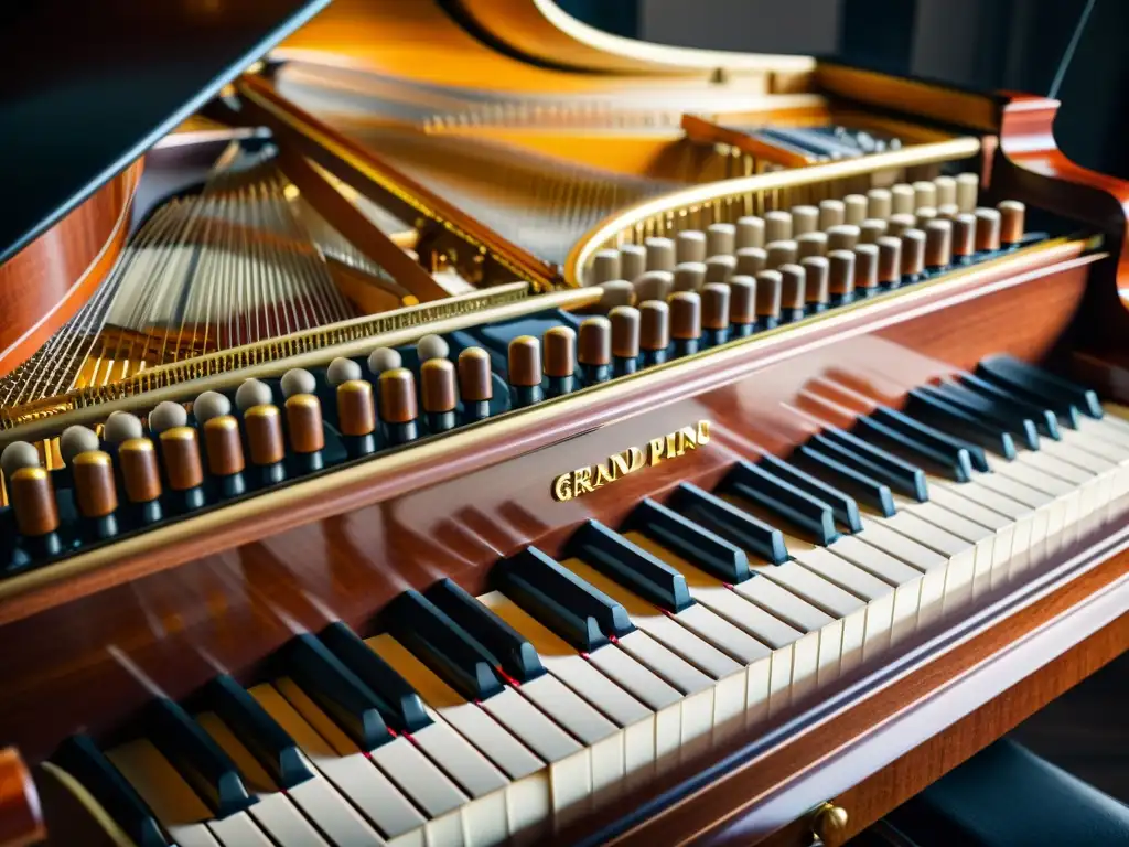 Detalle impresionante de las entrañas de un piano, mostrando la evolución del piano a lo largo de los años en una imagen evocativa y detallada