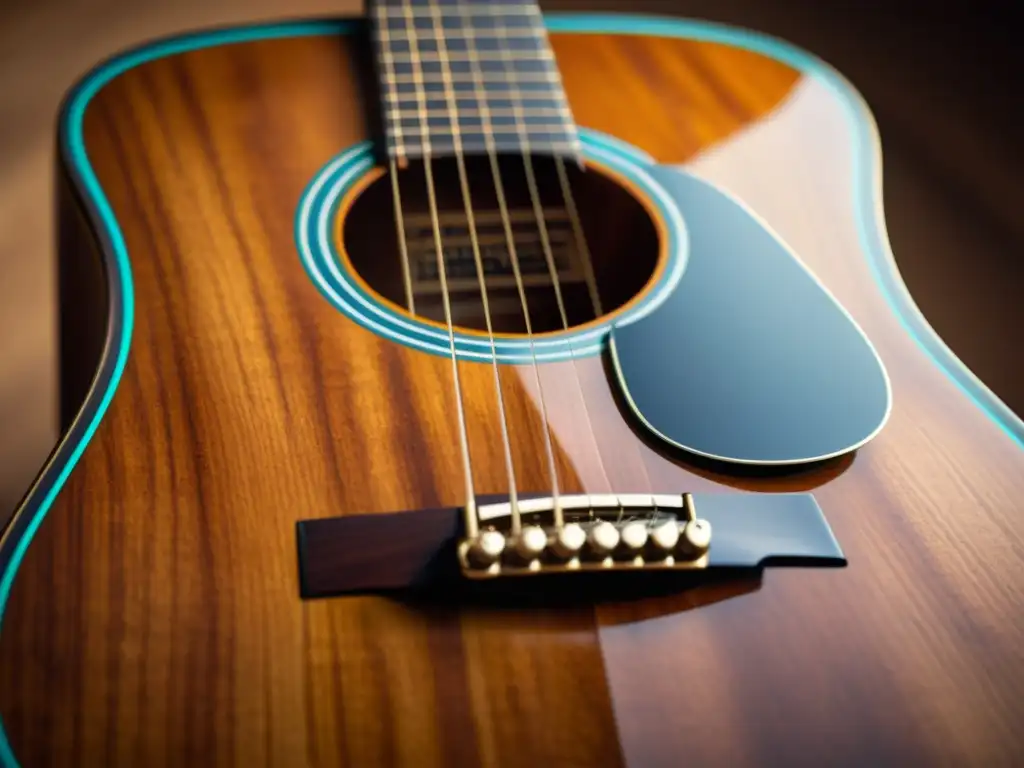 Detalle impresionante de una guitarra acústica vintage, con cálida iluminación natural que resalta su artesanía e historia