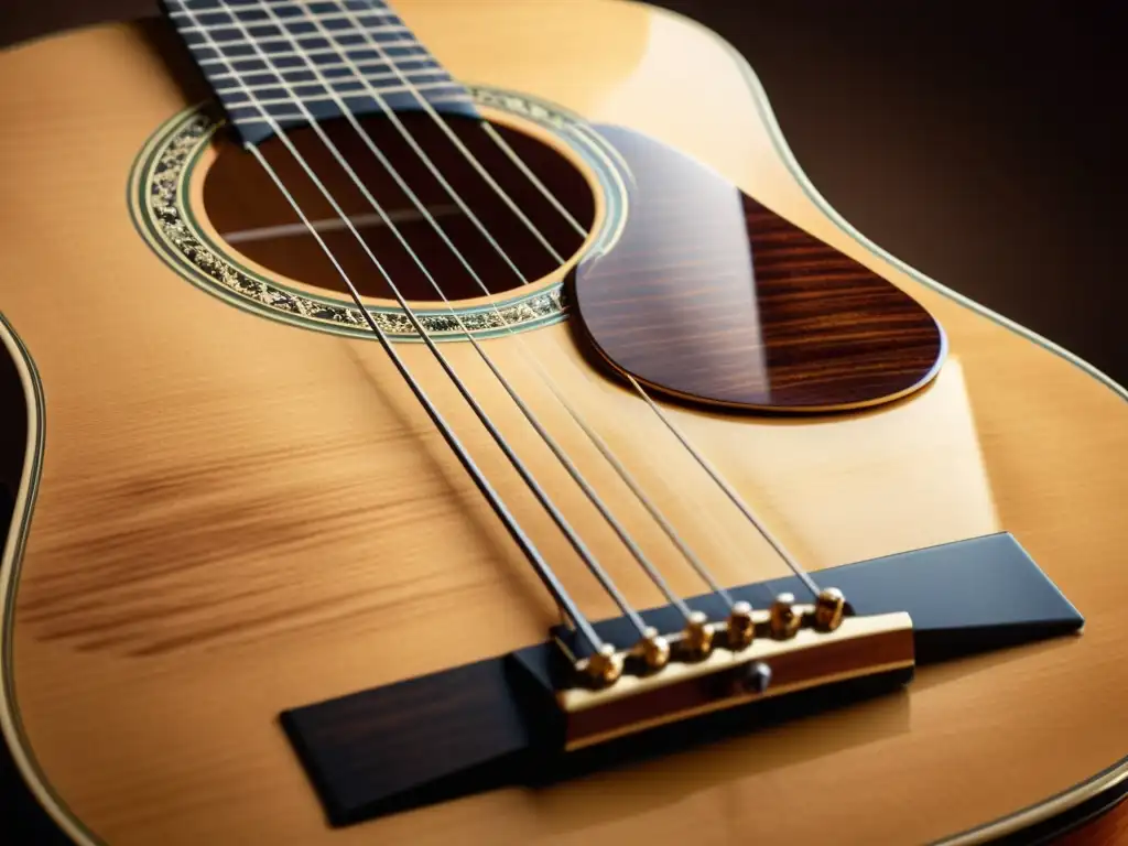 Detalle impresionante de una guitarra española tradicional, resaltando la artesanía y belleza acústica