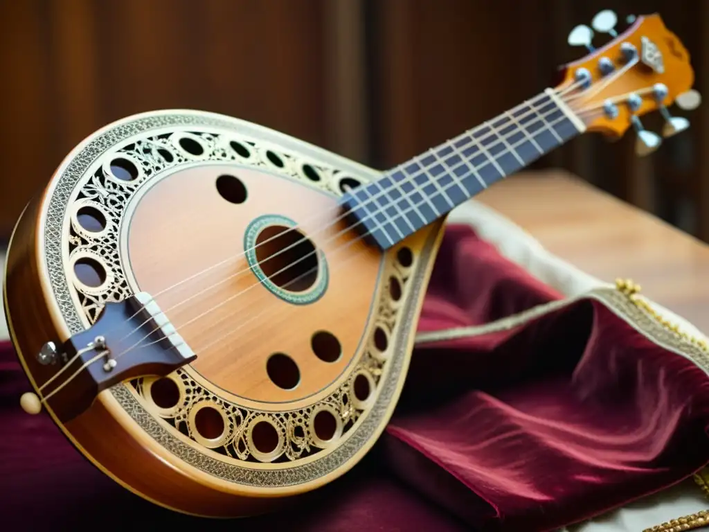 Detalle impresionante del instrumento musical Veena Indio, resaltando la artesanía y el carácter único del instrumento