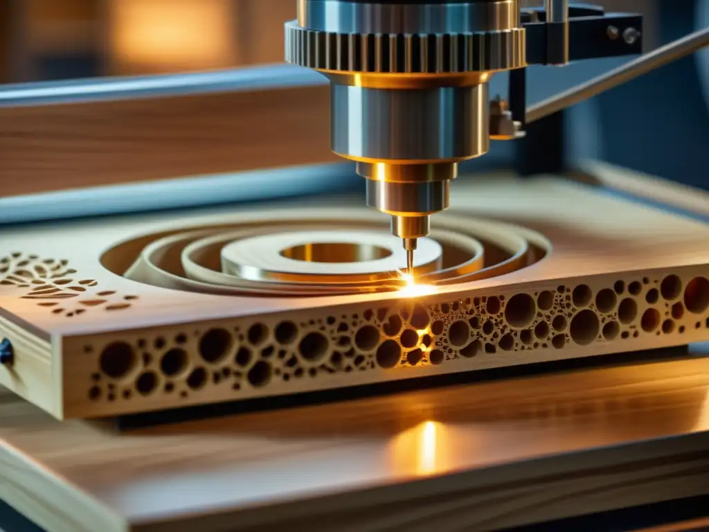 Detalle impresionante del CNC tallando un instrumento musical de madera, fusionando tecnología y artesanía