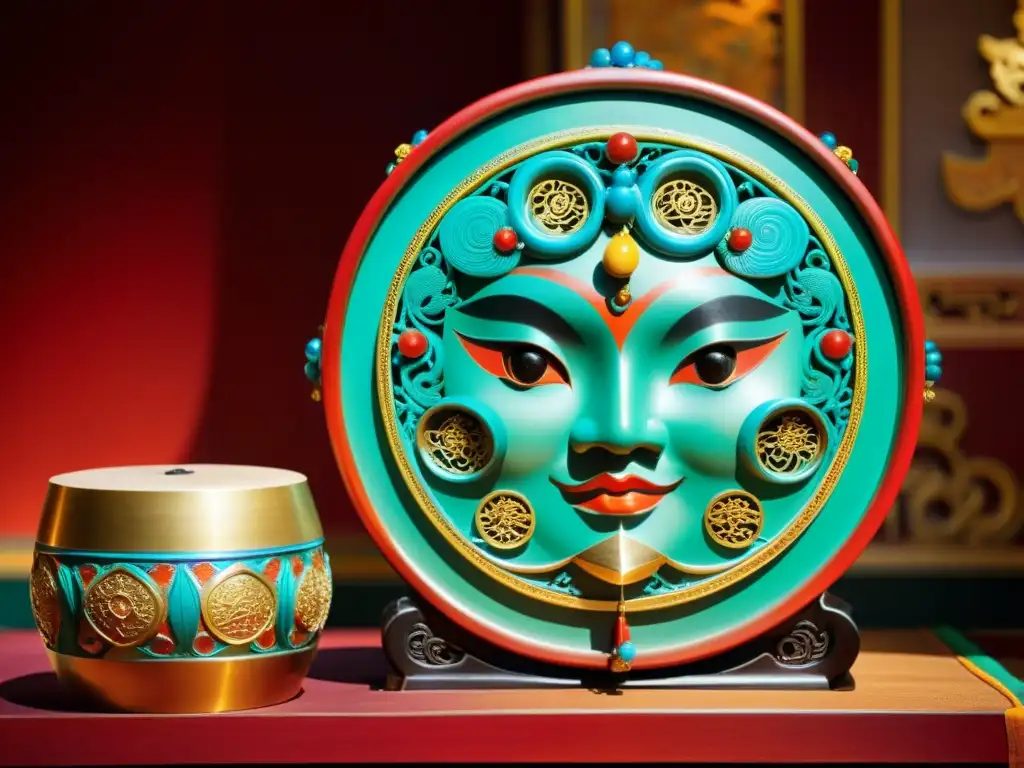 Detalle impresionante del instrumento de percusión 'lurong' en la ópera china, destacando su artesanía y significado cultural